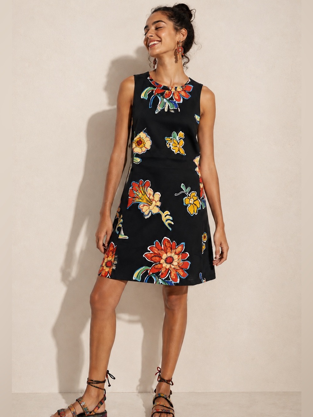 Desigual Sleeveless Black Floral A-Line Dress